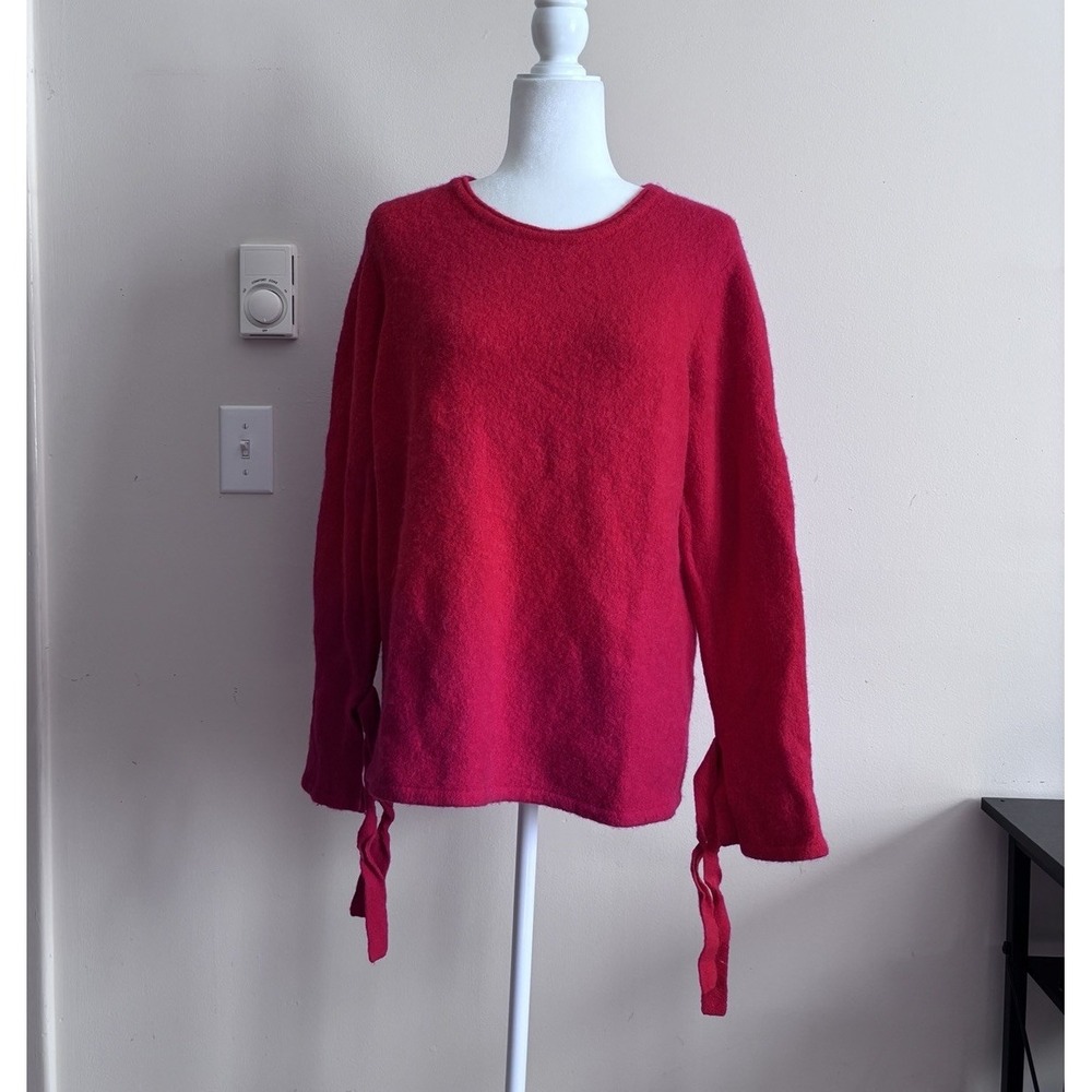 J McLaughlin Womens Large Wool Alpaca Blend Sweater Red Bow Cuff Holiday Preppy